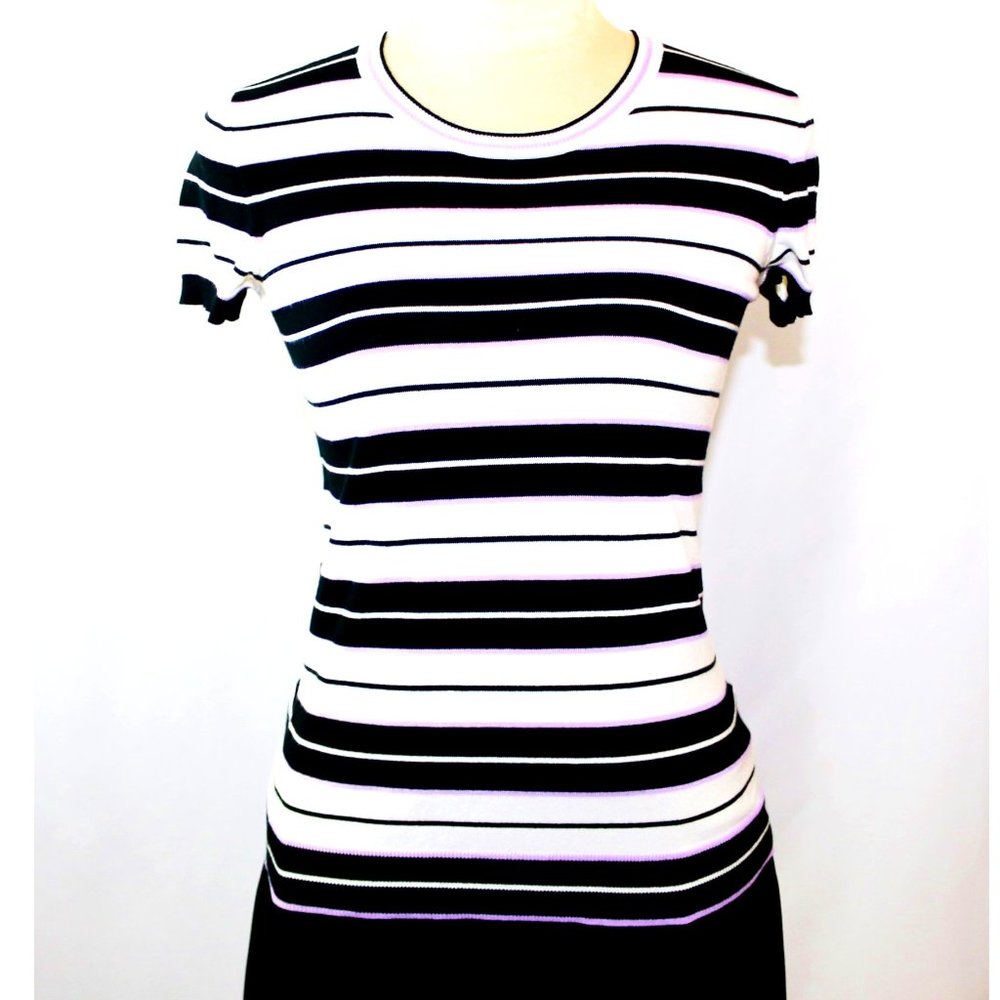 Ralph Lauren Black White Lavender Striped Short Sleeve Crew Neck Sweater XS EUC!